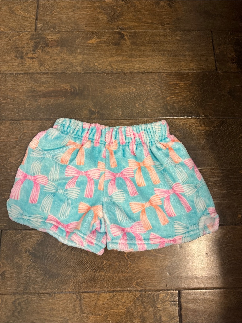 Girls Aqua Plush Pajama Shorts with Pink & Orange Bow Print